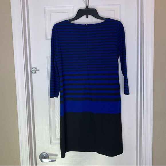 Ann Taylor Petite Medium Long Sleeve Blue Black Striped Shift Dress - Picture 8 of 9